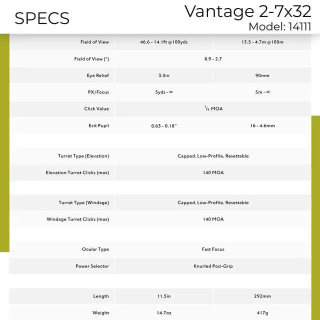 Alt view image 5 of 7 - Vantage 2-7x32 Riflescope | Shockproof Waterproof Fogproof Hunting Riflescope with 1 Inch Mono-Tube, Capped Low-Profile Turrets & Fast Focus Eyebell
