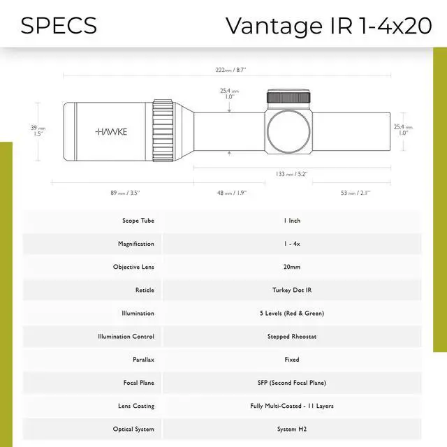 Alt view image 4 of 7 - Vantage IR 1-4x20 Riflescope | Shockproof, Waterproof, Fogproof, Turkey Dot Illuminated Reticle, 1" Mono-Tube, 1/2 MOA Low-Profile Resettable Turrets