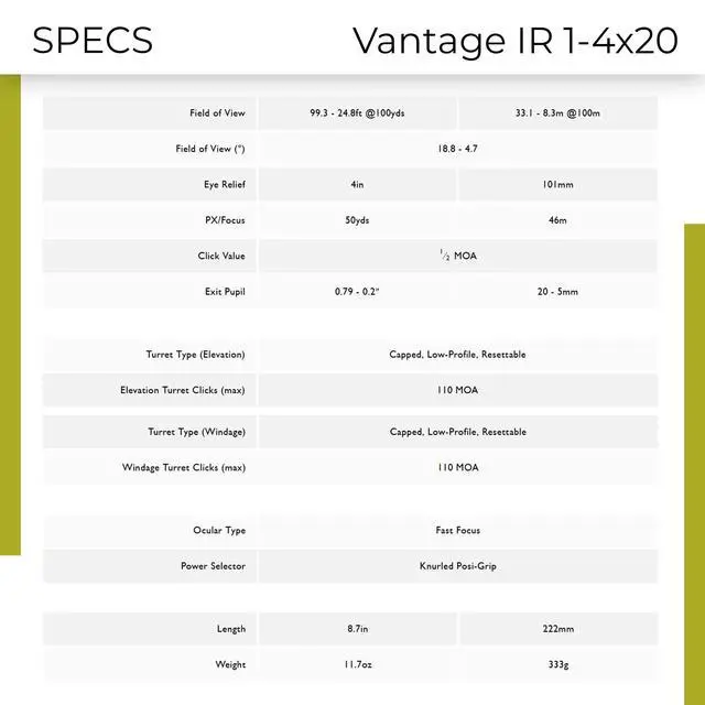 Alt view image 5 of 7 - Vantage IR 1-4x20 Riflescope | Shockproof, Waterproof, Fogproof, Turkey Dot Illuminated Reticle, 1" Mono-Tube, 1/2 MOA Low-Profile Resettable Turrets