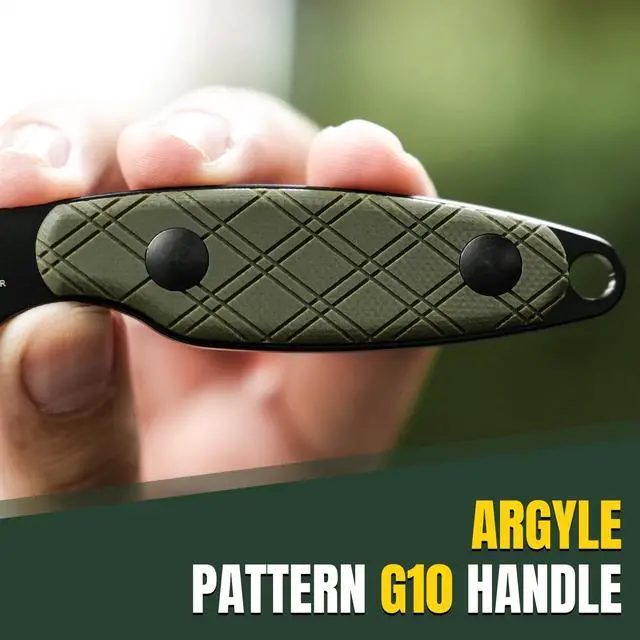 Alt view image 3 of 7 - Muskrat Fixed Blade Knife, Argyle Pattern Green G10 Handle, 1064A1 | 3.15" D2 Clip Point Black Blade, Small EDC Neck Knife with Black Sheath for Outdoor Hunting Survival Camping