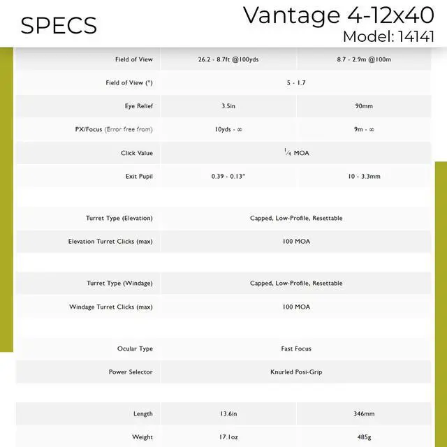 Alt view image 5 of 7 - Vantage 4-12x40 Riflescope | 1" Mono-Tube Shockproof Waterproof Fogproof Hunting Scope with H2 Optical System, Fast Focus Eyebell & Capped Low-Profile Turrets