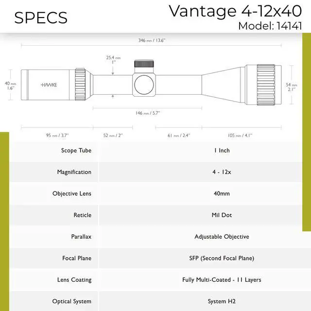Alt view image 4 of 7 - Vantage 4-12x40 Riflescope | 1" Mono-Tube Shockproof Waterproof Fogproof Hunting Scope with H2 Optical System, Fast Focus Eyebell & Capped Low-Profile Turrets