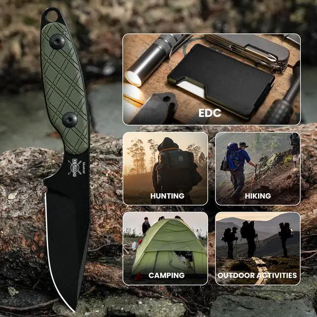 Alt view image 7 of 7 - Muskrat Fixed Blade Knife, Argyle Pattern Green G10 Handle, 1064A1 | 3.15" D2 Clip Point Black Blade, Small EDC Neck Knife with Black Sheath for Outdoor Hunting Survival Camping
