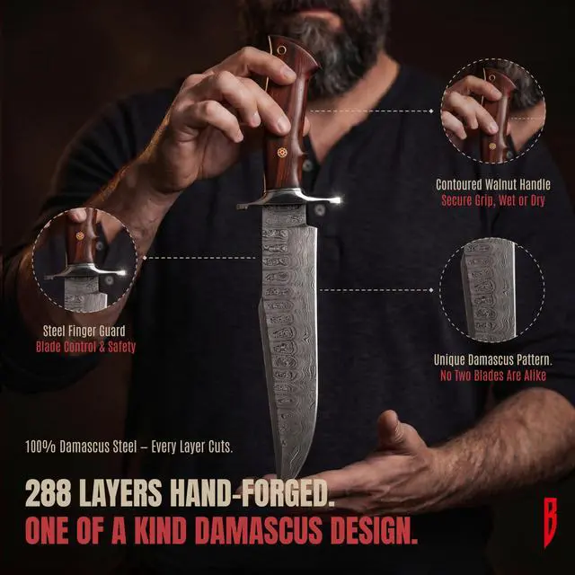 Alt view image 3 of 7 - Raptor - Handmade Damascus Steel Fixed Blade Hunting Knife 13.2" - Walnut Wood Handle & Leather Sheath - Bushcraft Outdoor Camping Skinning & Survival Long Knife - Collector Gifts for Men