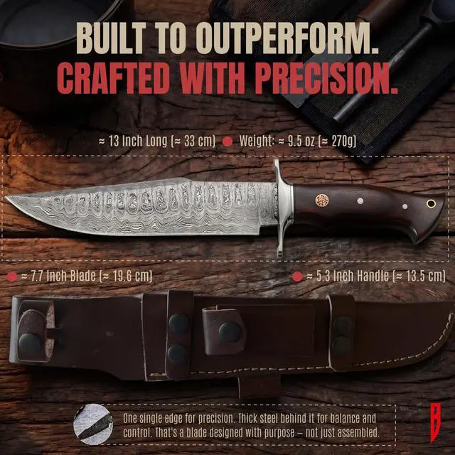 Alt view image 4 of 7 - Raptor - Handmade Damascus Steel Fixed Blade Hunting Knife 13.2" - Walnut Wood Handle & Leather Sheath - Bushcraft Outdoor Camping Skinning & Survival Long Knife - Collector Gifts for Men