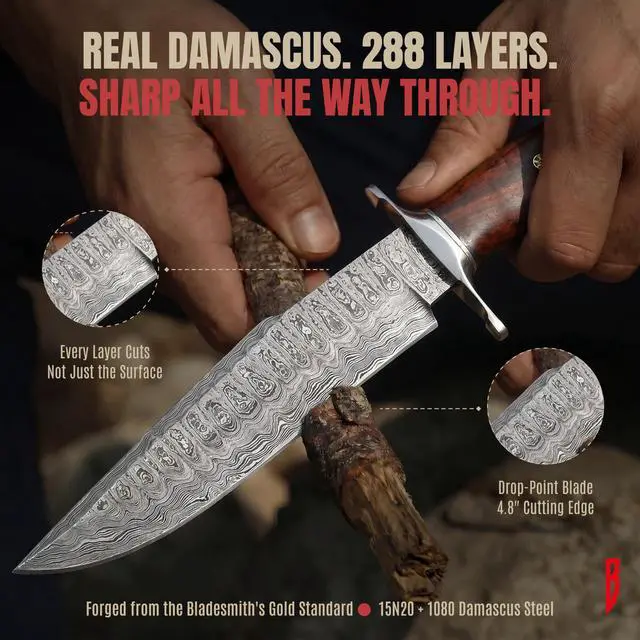 Alt view image 5 of 7 - Raptor - Handmade Damascus Steel Fixed Blade Hunting Knife 13.2" - Walnut Wood Handle & Leather Sheath - Bushcraft Outdoor Camping Skinning & Survival Long Knife - Collector Gifts for Men