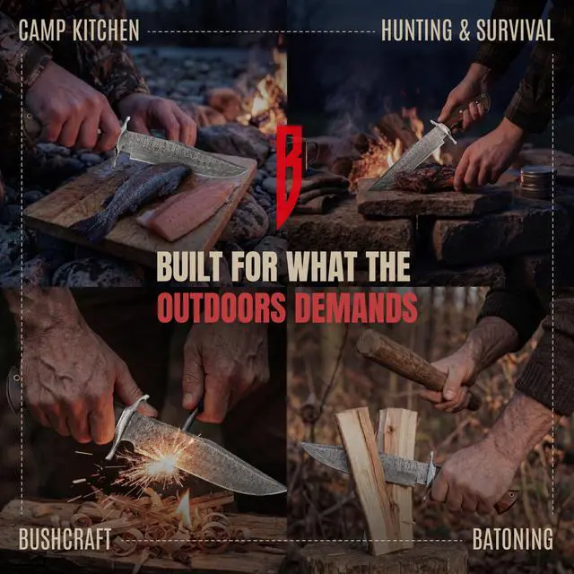 Alt view image 7 of 7 - Raptor - Handmade Damascus Steel Fixed Blade Hunting Knife 13.2" - Walnut Wood Handle & Leather Sheath - Bushcraft Outdoor Camping Skinning & Survival Long Knife - Collector Gifts for Men