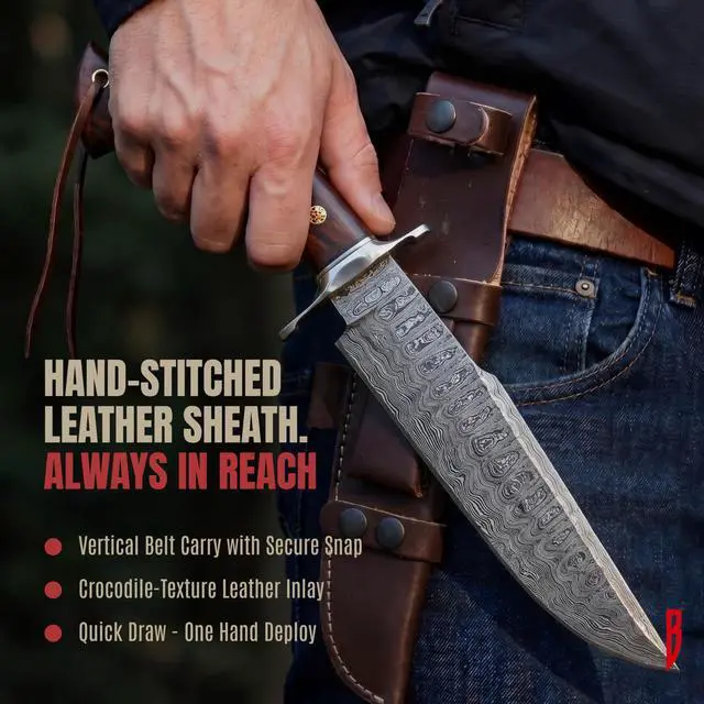 Alt view image 6 of 7 - Raptor - Handmade Damascus Steel Fixed Blade Hunting Knife 13.2" - Walnut Wood Handle & Leather Sheath - Bushcraft Outdoor Camping Skinning & Survival Long Knife - Collector Gifts for Men