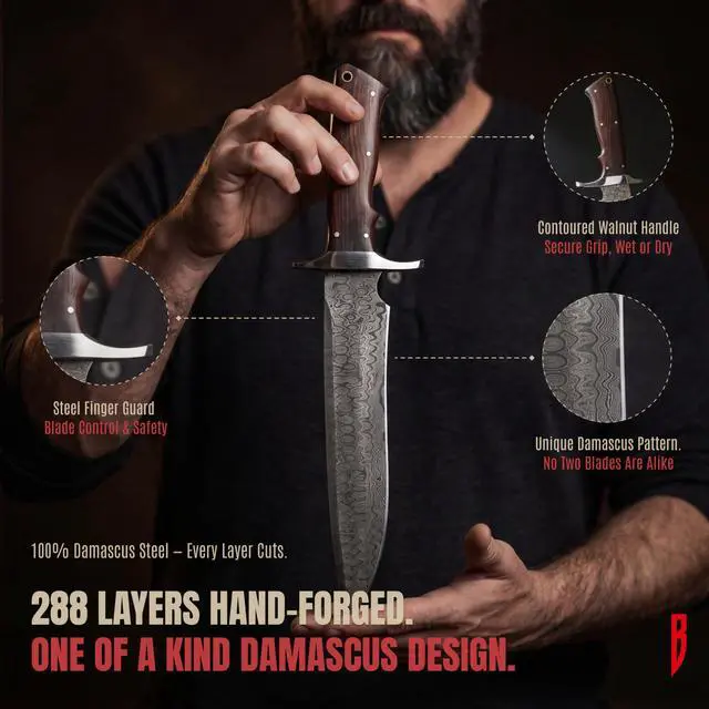 Alt view image 3 of 7 - Patriot - Handmade Damascus Steel Fixed Blade Hunting Knife 14" - Walnut Wood Handle & Leather Sheath - Bushcraft Outdoor Camp & Survival Long EDC Knife - Collector Gifts for Men