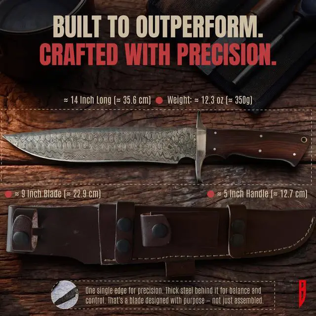 Alt view image 4 of 7 - Patriot - Handmade Damascus Steel Fixed Blade Hunting Knife 14" - Walnut Wood Handle & Leather Sheath - Bushcraft Outdoor Camp & Survival Long EDC Knife - Collector Gifts for Men