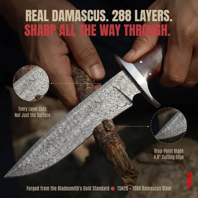 Alt view image 5 of 7 - Patriot - Handmade Damascus Steel Fixed Blade Hunting Knife 14" - Walnut Wood Handle & Leather Sheath - Bushcraft Outdoor Camp & Survival Long EDC Knife - Collector Gifts for Men