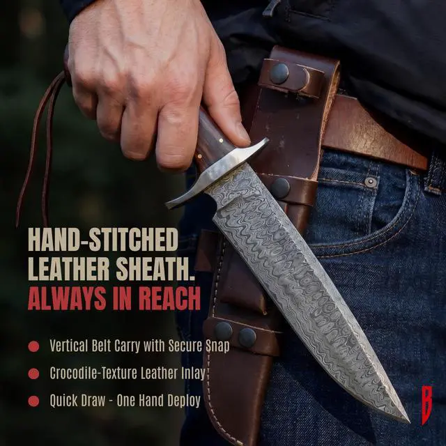 Alt view image 6 of 7 - Patriot - Handmade Damascus Steel Fixed Blade Hunting Knife 14" - Walnut Wood Handle & Leather Sheath - Bushcraft Outdoor Camp & Survival Long EDC Knife - Collector Gifts for Men