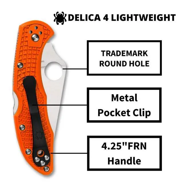 Alt view image 4 of 6 - Delica 4 Lightweight Folding Pocket Knife, PlainEdge | 7.11" Overall Length, 2.9" VG-10 Steel Blade, Orange FRN Handle, Back Lock, Full-Flat Grind