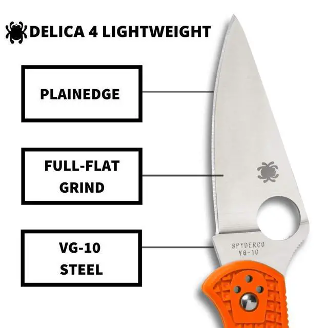 Alt view image 3 of 6 - Delica 4 Lightweight Folding Pocket Knife, PlainEdge | 7.11" Overall Length, 2.9" VG-10 Steel Blade, Orange FRN Handle, Back Lock, Full-Flat Grind