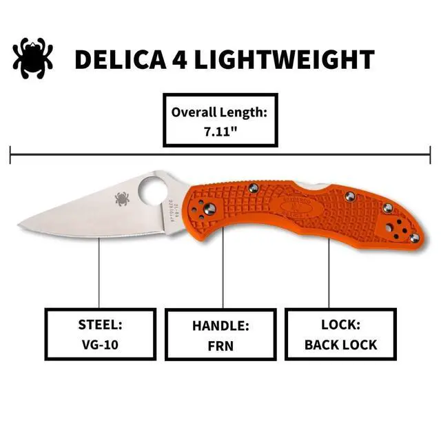Alt view image 5 of 6 - Delica 4 Lightweight Folding Pocket Knife, PlainEdge | 7.11" Overall Length, 2.9" VG-10 Steel Blade, Orange FRN Handle, Back Lock, Full-Flat Grind