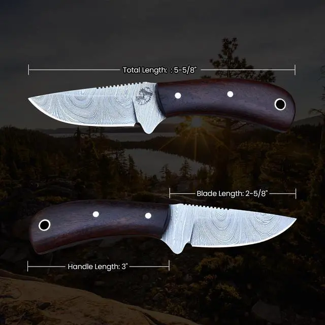 Alt view image 2 of 7 - 5.5" Handmade Damascus Steel EDC Knife, Full Tang Fixed Blade, Rosewood Handle - Horizontal Carry Genuine Leather Sheath - Belt Knife - Razor Sharp Compact Hunting & Utility Knife