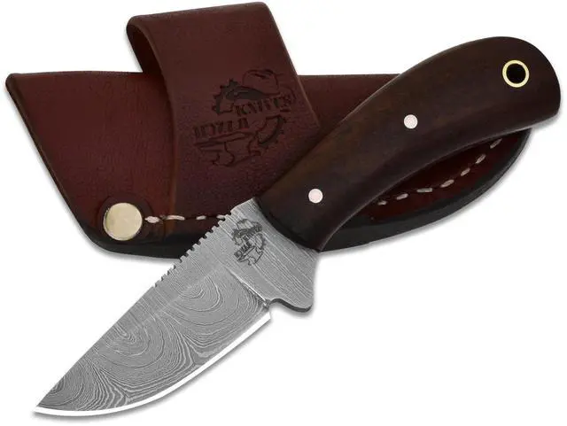 Main image of 5.5" Handmade Damascus Steel EDC Knife, Full Tang Fixed Blade, Rosewood Handle - Horizontal Carry Genuine Leather Sheath - Belt Knife - Razor Sharp Compact Hunting & Utility Knife