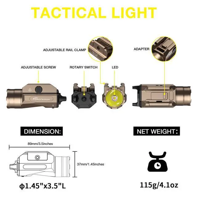 Alt view image 5 of 7 - Rechargeable Pistol Light, 1350 Lumen Pic Rail Mounted Flashlight with Strobe, Fits MIL-STD-1913 Picatinny, Aluminum Alloy, FDE