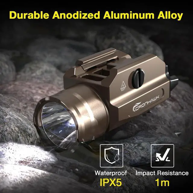 Alt view image 6 of 7 - Rechargeable Pistol Light, 1350 Lumen Pic Rail Mounted Flashlight with Strobe, Fits MIL-STD-1913 Picatinny, Aluminum Alloy, FDE