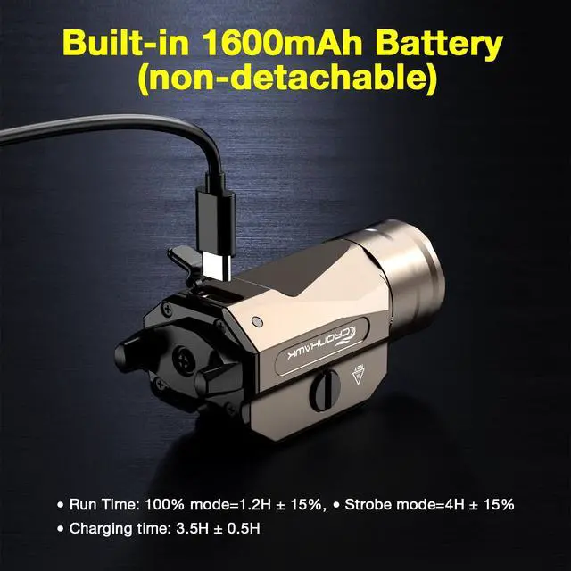 Alt view image 7 of 7 - Rechargeable Pistol Light, 1350 Lumen Pic Rail Mounted Flashlight with Strobe, Fits MIL-STD-1913 Picatinny, Aluminum Alloy, FDE