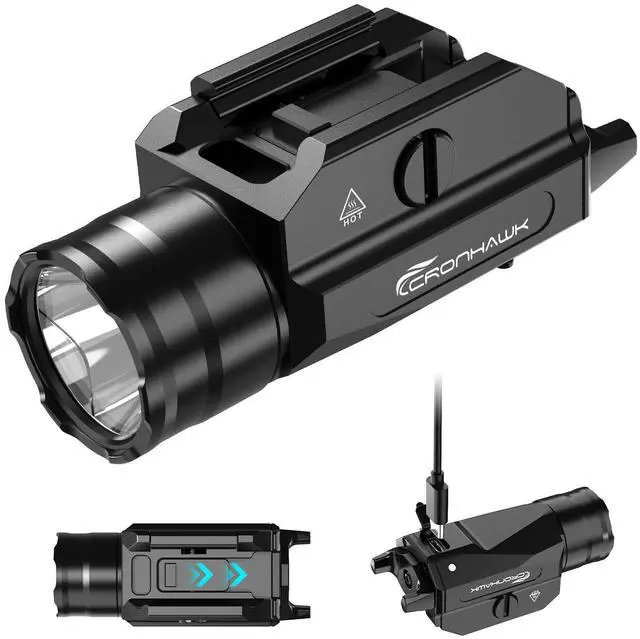 Main image of Rechargeable Pistol Light, 1350 Lumen Rail Mounted Tactical Gun Flashlight with Strobe Function and Adjustable Rail Locating Key Fit 1913 Picatinny, Black
