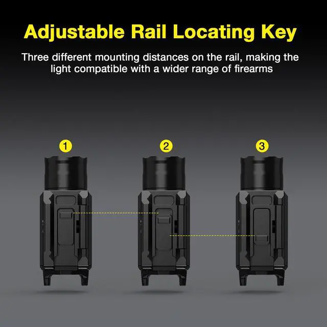 Alt view image 4 of 7 - Rechargeable Pistol Light, 1350 Lumen Rail Mounted Tactical Gun Flashlight with Strobe Function and Adjustable Rail Locating Key Fit 1913 Picatinny, Black