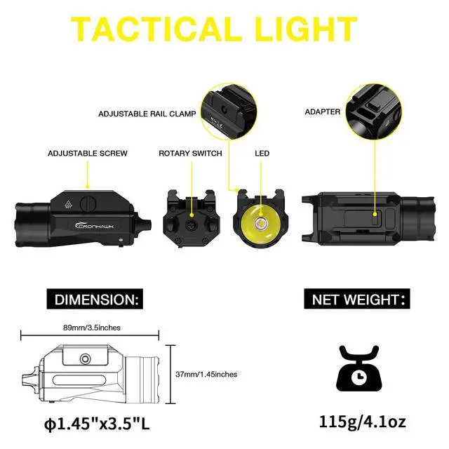 Alt view image 5 of 7 - Rechargeable Pistol Light, 1350 Lumen Rail Mounted Tactical Gun Flashlight with Strobe Function and Adjustable Rail Locating Key Fit 1913 Picatinny, Black