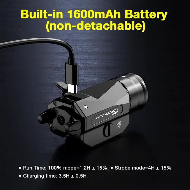 Alt view image 7 of 7 - Rechargeable Pistol Light, 1350 Lumen Rail Mounted Tactical Gun Flashlight with Strobe Function and Adjustable Rail Locating Key Fit 1913 Picatinny, Black