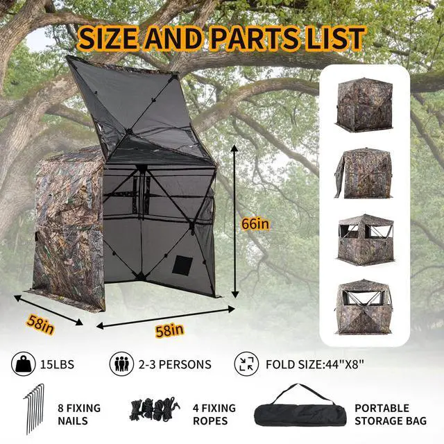 Alt view image 5 of 6 - Hunting Blind 270/360 Degree See Through Ground Blind with Carrying Bag, 2/3/4 Person Pop Up Camouflage Tent Portable Concealed Shelter