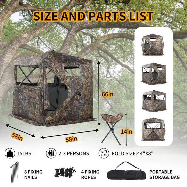 Alt view image 5 of 6 - Hunting Blind 270/360 Degree See Through Ground Blind with Carrying Bag, 2/3/4 Person Pop Up Camouflage Tent Portable Concealed Shelter