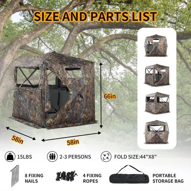 Alt view image 5 of 6 - Hunting Blind 270/360 Degree See Through Ground Blind with Carrying Bag, 2/3/4 Person Pop Up Camouflage Tent Portable Concealed Shelter