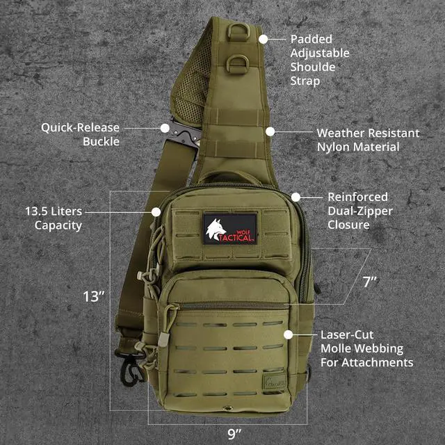 Alt view image 5 of 7 - Mens EDC Sling Bag - Concealed Carry, Laser-Cut MOLLE, Lightweight, Green