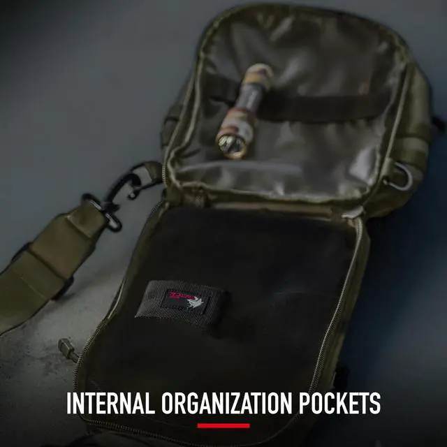 Alt view image 7 of 7 - Mens EDC Sling Bag - Concealed Carry, Laser-Cut MOLLE, Lightweight, Green