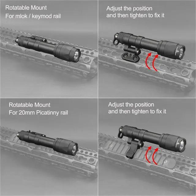 Alt view image 4 of 7 - M600C 800 Lumens Tactical Flashlight, 2 Rotating Base, 2 Switches | 100 min, Replaceable Mounts for 20mm Picatinny & Mlok/Keymod Rail, with Remote Pressure & Push Button Switch