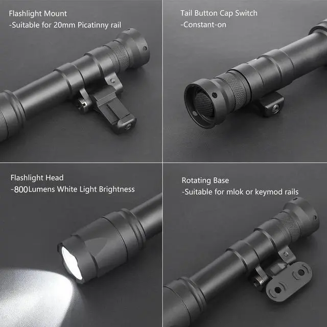 Alt view image 3 of 7 - M600C 800 Lumens Tactical Flashlight, 2 Rotating Base, 2 Switches | 100 min, Replaceable Mounts for 20mm Picatinny & Mlok/Keymod Rail, with Remote Pressure & Push Button Switch