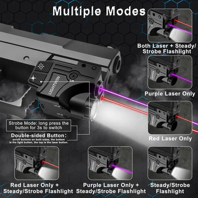 Alt view image 3 of 7 - Red Blue Purple Laser Beams with 800 Lumens Flashlight for Pistols, 3 in 1 Laser Light Combo, Tactical USB Rechargeable Laser Sight, Strobe & Steady Flashlight for Picatinny Rail