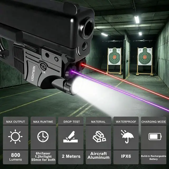 Alt view image 2 of 7 - Red Blue Purple Laser Beams with 800 Lumens Flashlight for Pistols, 3 in 1 Laser Light Combo, Tactical USB Rechargeable Laser Sight, Strobe & Steady Flashlight for Picatinny Rail