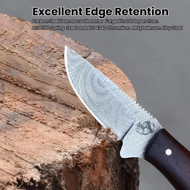 Alt view image 3 of 7 - 5.5" Handmade Damascus Steel EDC Knife, Full Tang Fixed Blade, Rosewood Handle - Horizontal Carry Genuine Leather Sheath - Belt Knife - Razor Sharp Compact Hunting & Utility Knife