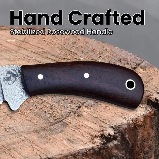 Alt view image 4 of 7 - 5.5" Handmade Damascus Steel EDC Knife, Full Tang Fixed Blade, Rosewood Handle - Horizontal Carry Genuine Leather Sheath - Belt Knife - Razor Sharp Compact Hunting & Utility Knife