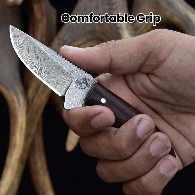 Alt view image 6 of 7 - 5.5" Handmade Damascus Steel EDC Knife, Full Tang Fixed Blade, Rosewood Handle - Horizontal Carry Genuine Leather Sheath - Belt Knife - Razor Sharp Compact Hunting & Utility Knife