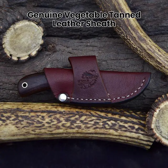 Alt view image 7 of 7 - 5.5" Handmade Damascus Steel EDC Knife, Full Tang Fixed Blade, Rosewood Handle - Horizontal Carry Genuine Leather Sheath - Belt Knife - Razor Sharp Compact Hunting & Utility Knife
