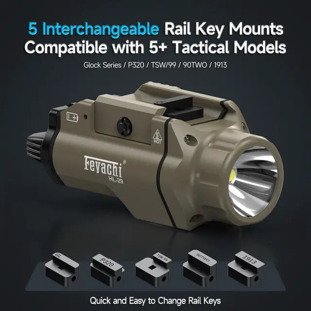 Alt view image 2 of 7 - Tactical Picatinny Rail Flashlight, LED Weapon Light, Pistol Light | with 5 Interchangeable Picatinny Rail Adapters Fits Multiple Models IPX7 Water-Resistant