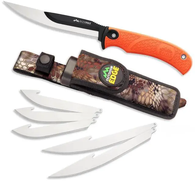 Main image of RazorMax - Replaceable Fixed Blade Hunting Knife with 3.5" Drop-Point, 5" Boning/Fillet Blades, Belt Sheath and Detachable Blade Carrier (Orange, 6 Blades)