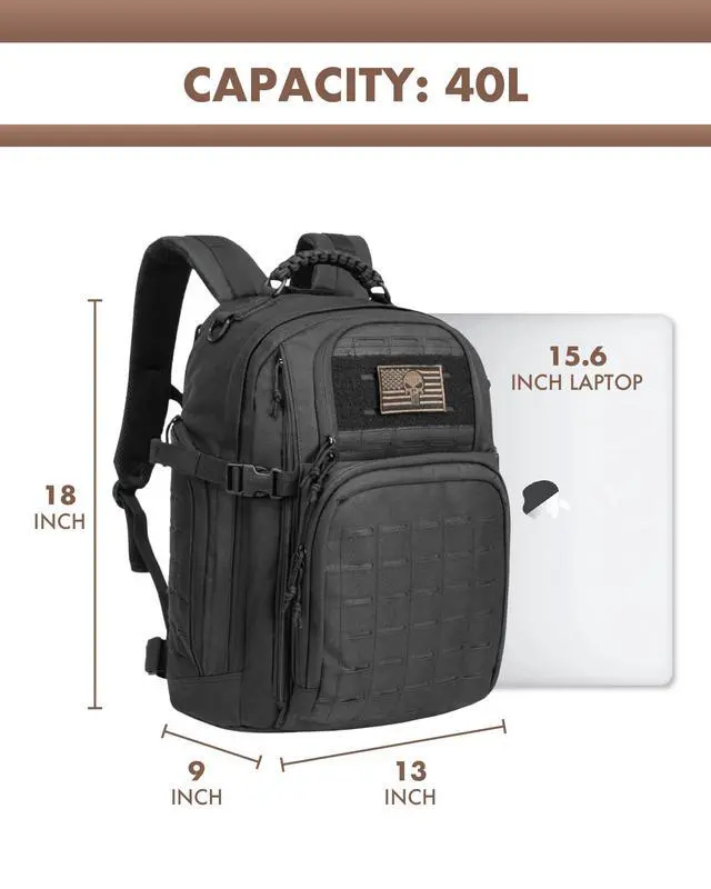 Alt view image 2 of 7 - Military Tactical Backpack 40L for Men, Hiking Camping Molle EDC Daypack Army Assault Pack Lightweight Work Backpack with Water Bladder Compartment, Black