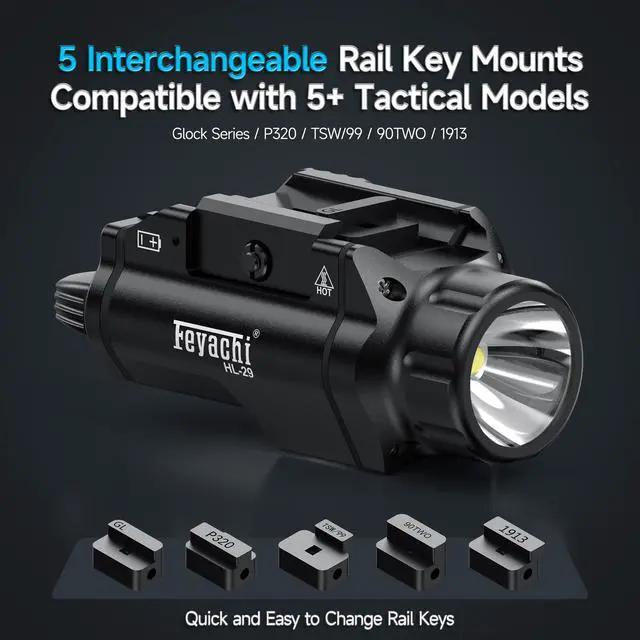 Alt view image 2 of 7 - Tactical Flashlight - 1500 Lumens Rail Mounted Flashlight, with 5 Interchangeable Picatinny Rail Adapters, Fits Multiple Models, IPX7 Water-Resistant Pistol Light