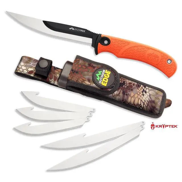 Alt view image 2 of 7 - RazorMax - Replaceable Fixed Blade Hunting Knife with 3.5" Drop-Point, 5" Boning/Fillet Blades, Belt Sheath and Detachable Blade Carrier (Orange, 6 Blades)