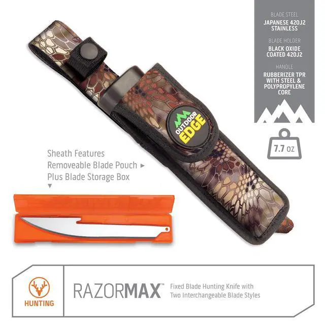 Alt view image 3 of 7 - RazorMax - Replaceable Fixed Blade Hunting Knife with 3.5" Drop-Point, 5" Boning/Fillet Blades, Belt Sheath and Detachable Blade Carrier (Orange, 6 Blades)