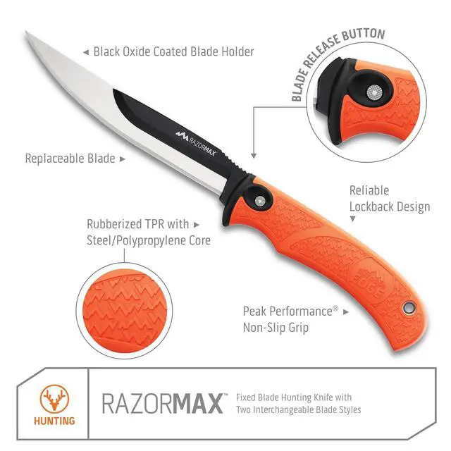 Alt view image 4 of 7 - RazorMax - Replaceable Fixed Blade Hunting Knife with 3.5" Drop-Point, 5" Boning/Fillet Blades, Belt Sheath and Detachable Blade Carrier (Orange, 6 Blades)
