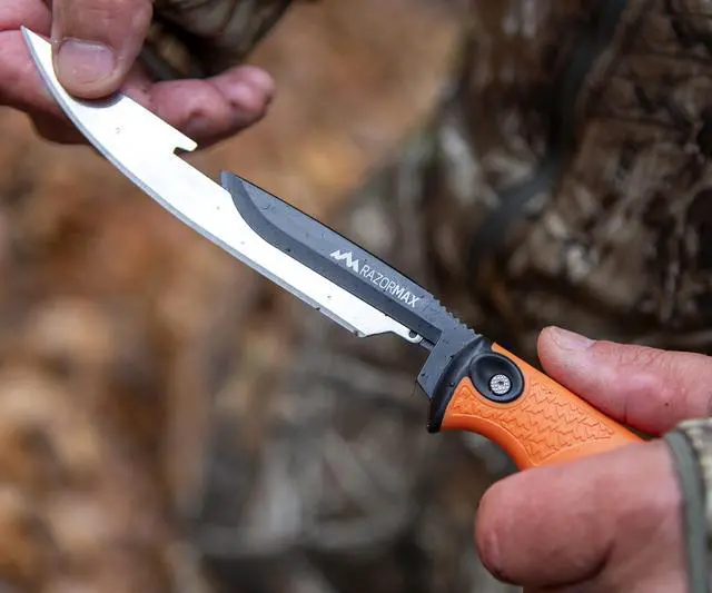 Alt view image 7 of 7 - RazorMax - Replaceable Fixed Blade Hunting Knife with 3.5" Drop-Point, 5" Boning/Fillet Blades, Belt Sheath and Detachable Blade Carrier (Orange, 6 Blades)