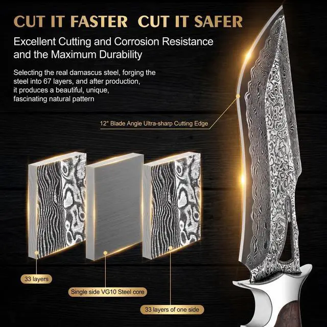 Alt view image 2 of 7 - Damascus Hunting Knife 10.4" Fixed Blade VG10 Leather Sheath | 107-layer hand-forged bowie construction with ergonomic rosewood handle for outdoor camping and survival